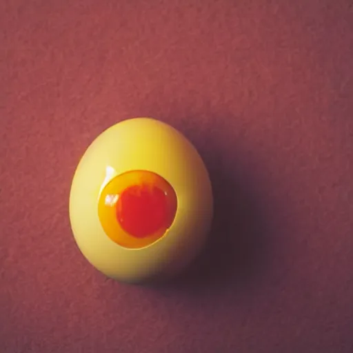 Prompt: A BROKEN EGG. but THE YOLK ON THE TABLE IS AN EYEBALLO. RED BACKGROUND