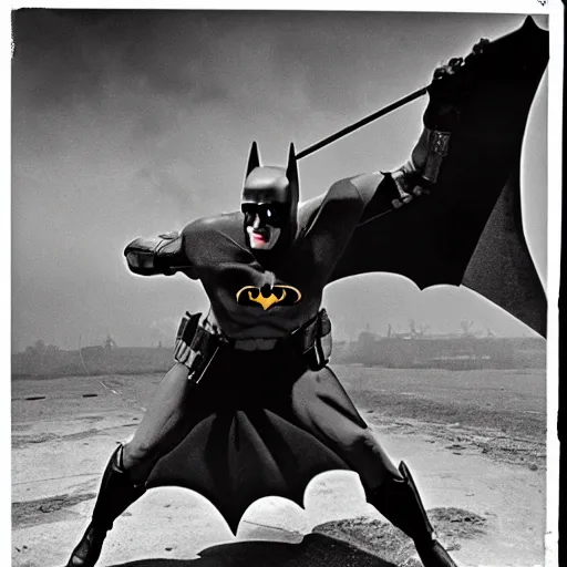 Prompt: Batman fighting in the Vietnam War, analog photograph, gritty, 1967