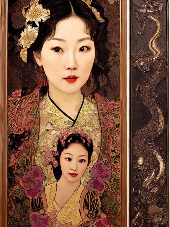 Prompt: an art nouveau head and shoulders portrait oil painting of a pretty young zhang ziyi, dressed in a traditional, modest chinese intricately embroidered silk gown with a high collar, in front of a carved screen showing a tiger and a dragon, intricate, detailed, smooth, complex, elaborate, by alphonse mucha and james gurney and john william waterhouse