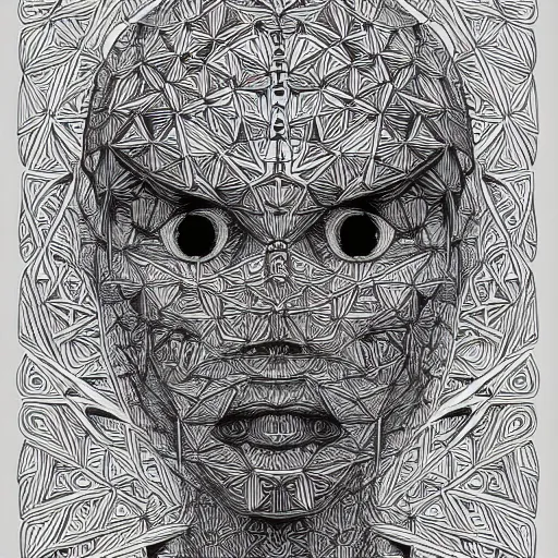 Image similar to Geometrically surreal Artificially Intelligent humanoid, extremely high detail, photorealistic, intricate line drawings, dotart, album art in the style of James Jean