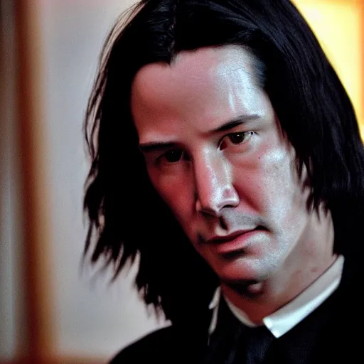 Image similar to Film Still of a Young Keanu Reeves playing a Young Severus Snape in Harry Potter, Film Still, realistic, hyperrealistic, very realistic, very very realistic, highly detailed, very detailed, extremely detailed, detailed, detailed face, very detailed face, very detailed face, realism, HD Quality, 8k resolution, intricate details, body and head in frame, Real Life