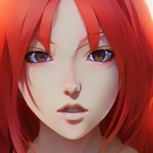 Prompt: red haired anime girl in a bikini, ultra detailed, very beautiful face, 8 k resolution, by greg rutkowski, wlop, hayao miyazaki