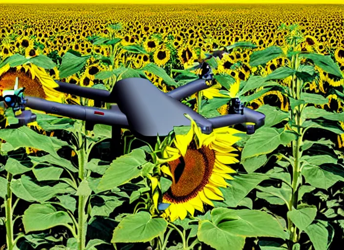 Prompt: Propaganda Poster of an American Military UAV in a sunflower field.