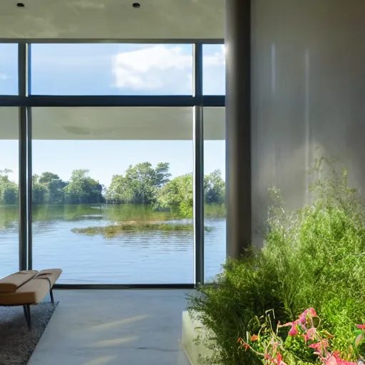 Prompt: a room, sunlight, glass walls, water levels, trees, shrubs, flowers, warm and calm