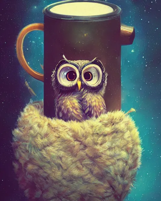 Image similar to long shot of a very cute owl chick nesting in a futuristic mug, esao andrews, humorous illustration, hyperrealistic, big depth of field, warm colors, whimsical cosmic night scenery, low light, 3 d octane render, 4 k, concept art, hyperdetailed, hyperrealistic, trending on artstation