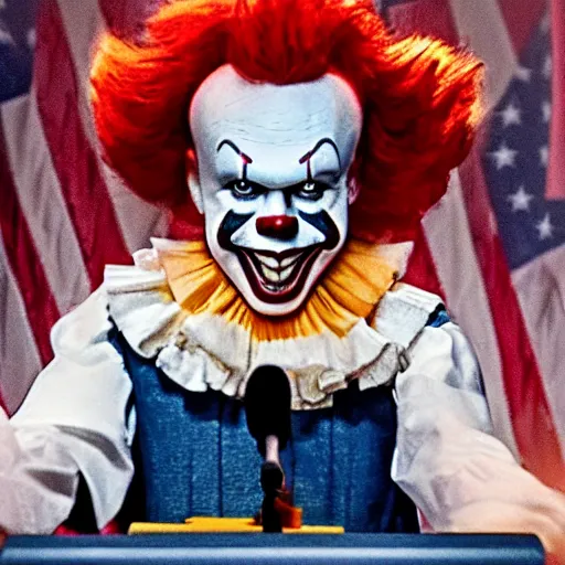 Image similar to Pennywise the clown (2017) giving an official speech as president of the USA in front of the USA flag, 4K realistic award-winning