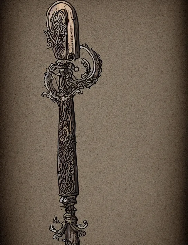 Image similar to an ornate wooden staff, fantasy illustration, medieval era, blank background, studio lighting, hand - drawn digital art