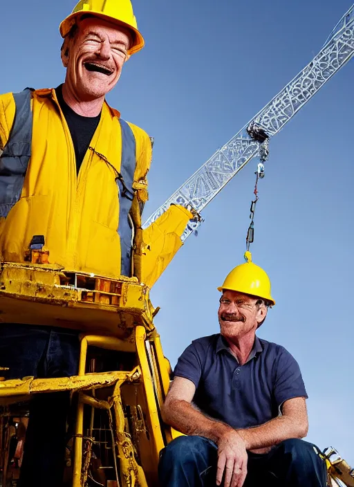 Image similar to closeup portrait of cheerful bryan cranston operating a crane, sitting in a crane, yellow hardhat, sitting in a crane, natural light, bloom, detailed face, magazine, press, photo, steve mccurry, david lazar, canon, nikon, focus