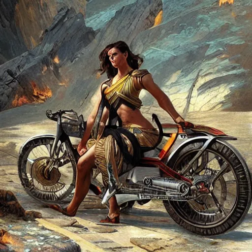 Prompt: STAR TREK motorbike designed in ancient Greece, (SFW) safe for work, photo realistic illustration by greg rutkowski, thomas kindkade, alphonse mucha, loish, norman rockwell