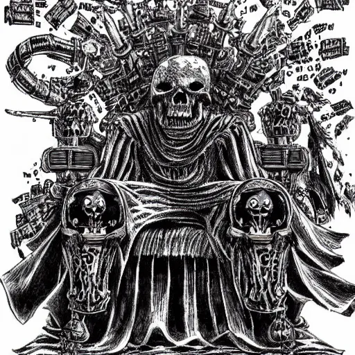 Prompt: a menacing pirate sitting on a throne made of skulls, by Kentaro miura