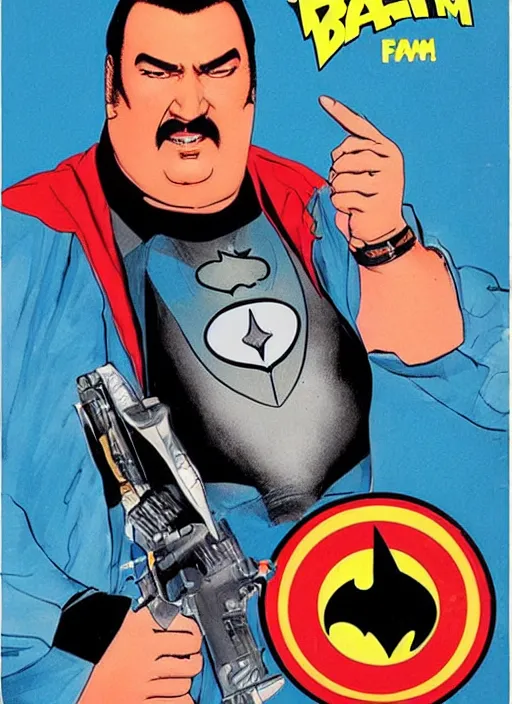 Prompt: an 8 0's john alvin action movie poster starring steven seagal face as a fat bat man superhero the movie is called fat batman