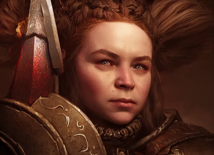 Image similar to Beautiful art portrait of a female dwarf warrior in a dark mystical dark dungeon setting, unreal 5, DAZ, hyperrealistic, octane render, dungeons and dragons, dynamic lighting