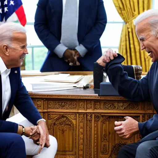 Prompt: Kanye West throwing a shoe at Joe Biden in the oval office