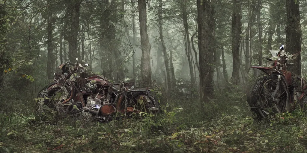 Prompt: Photograph of an abandoned rusty 1950's Harley Davidson in a forest track, covered with vegetation, soft lighting, crepuscular rays, realistic octane render, 8k, ultra detailed, concept art