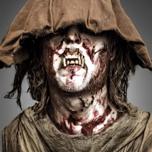 Image similar to head and shoulders photo portrait of a male medieval villager zombie, d & d