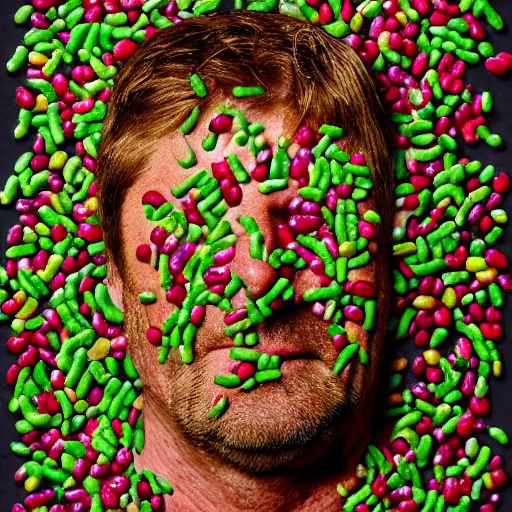 Prompt: a portrait of of sean bean constructed from beans, baked beans, lima beans, string beans, collage, drop shadow, organic, layered composition, layers, texture, mcu, petals, highly textured, layered, sculpted, dynamic,