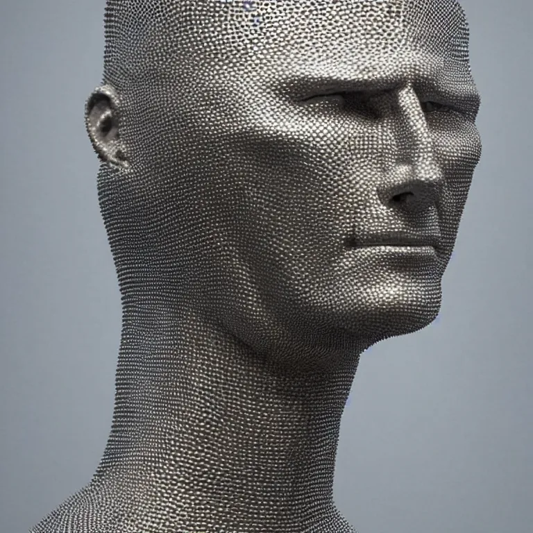 Image similar to studio photograph of hyperrealistic accurate portrait sculpture of tom cruise, beautiful symmetrical!! face accurate face detailed face realistic proportions, made of chain mail and plate armor on a pedestal by ron mueck and frank frazzetta, hyperrealism cinematic lighting shocking detail 8 k