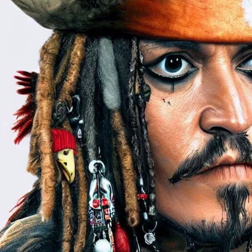 Image similar to johnny depp as jack sparrow has a parrot on his shoulder, realistic portrait, 8k resolution, hyper detailed, studio lighting, cinematic