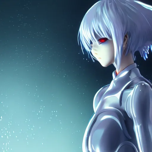 Prompt: Rei Ayanami female anime character, technological big shiny silver liquid chrome rings, inside an otherworldly planet, closed eyes, long silky thick gorgeous clean hair flowing on the wind, shot from the ground by Yoshiyuki Sadamoto, otherworldly experimental environment concept, digital art, trending on artstation, low level, 4K UHD image, octane render, Howl's Moving Castle, tranquil divine observer Nymph by ismail inceoglu nicola samori dragan bibin hans thoma greg rutkowski Alexandros Pyromallis Nekro, Jeffrey Smith, Surrealism, Rene Margitte illustrated, official anime key media, 8k, Sharp, zdzisław beksiński, highly detailed