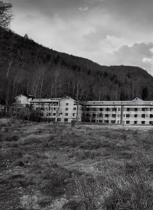 Image similar to old lost footage in black and white of a sanatorium on a beautiful mountain,hyper realistic 8K HD real life photo