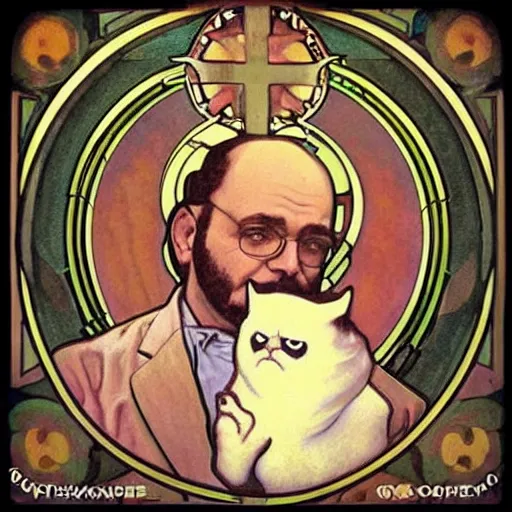 Image similar to “ george costanza from seinfeld holding grumpy cat above his head, holy light, art nouveau, by alphonse mucha ”