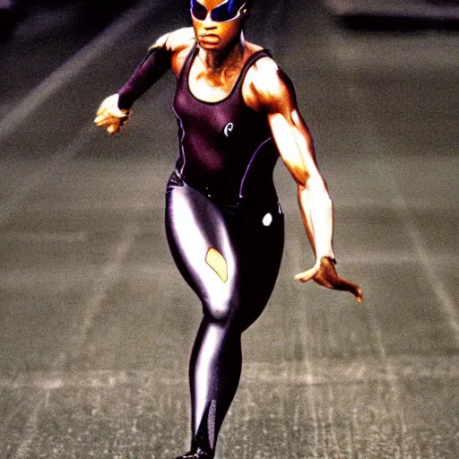 Image similar to Trinity the matrix, Femaile sprinter in athletic attire with cyborg legs, diesel punk, athletic footage, 1980's, olympics, cinematic, art deco