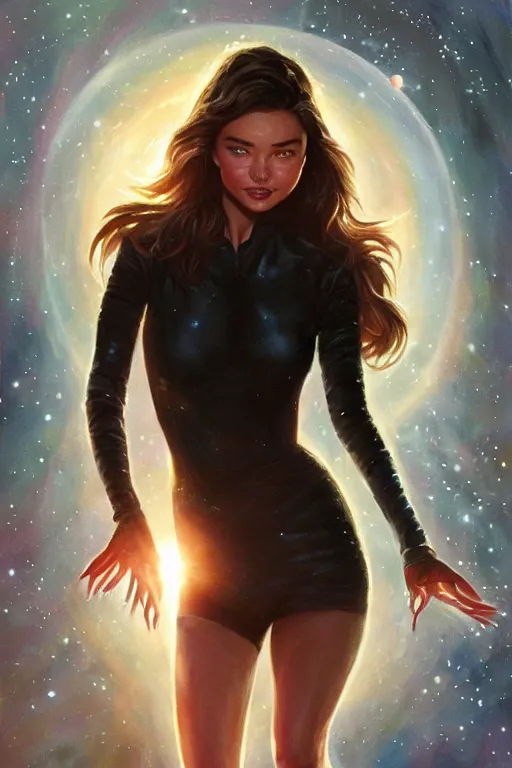 Image similar to movie poster of miranda kerr starting in a 80s horror movie, space themed, highly detailed, digital painting, artstation, concept art, smooth, sharp focus, illustration, art by artgerm and greg rutkowski
