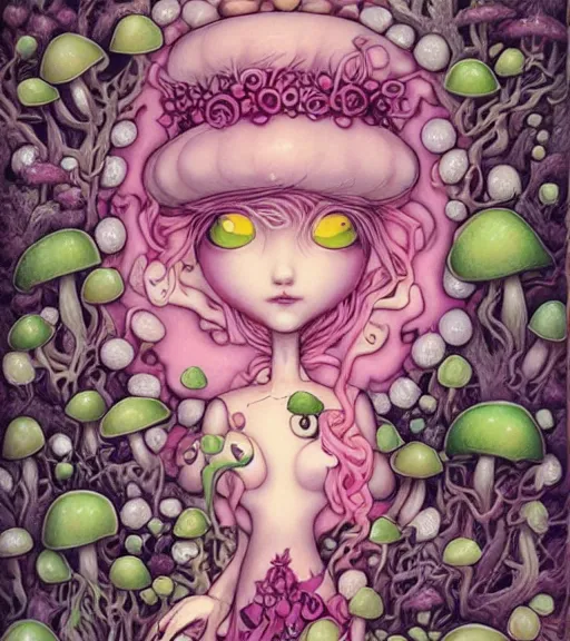 Prompt: Mushroom dryad by Jeremiah Ketner and Hiroyuki Mitsume-Takahashi and Goro Fujita and Mark Ryden