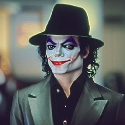 Image similar to a film still of Michael Jackson starring as The Joker, 40mm lens, shallow depth of field, split lighting, cinematic