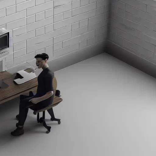 Image similar to cinema 4D cinematic render, ultra detailed, elegant, of a person inside a jail cell sitting with a desk and CRT monitor, 4K concept art, detailed, dark setting, cinematic lighting, light shining through the jail cell, casting shadows, trending on art station, old computer monitor, stressful, working, hyper realistic, ultra detailed, unreal engine, 8K post production