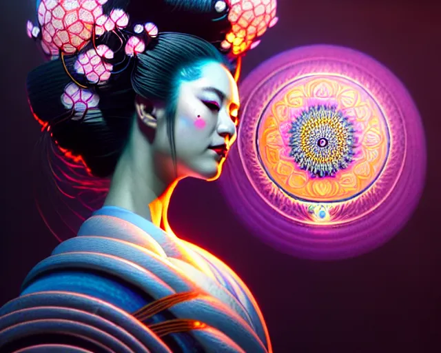 Prompt: a headshot of a geisha offset in the frame, surrounded by fractals, mandalas, cherry blossoms, hadron collider technology, metal gears, swirling bioluminescent energy, art by peter mohrbacher and dan mumford, 8 k octane render, hyperrealistic, zbrush, cinema 4 d