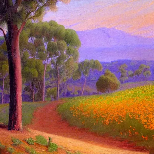 Image similar to a painting of a dirt road surrounded by eucalyptus trees and california golden poppies, violet woodland hill in the distance, violet sunset. an oil painting by Julian Onderdonk, green orange violet triadic color palette, featured on deviantart, australian tonalism, pre-raphaelite, impressionism, detailed painting