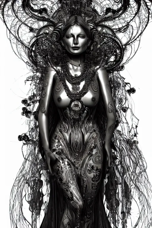 Image similar to a realistic dark photo of a beautiful ancient alien woman goddess nataraja kate moss standing in iris van herpen dress jewelery and fractals in style of alphonse mucha art nuvo dmt trending on artstation made in unreal engine 4