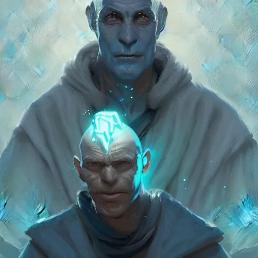 Prompt: a wizard, young, bald and with no beard, with blue skin, missing his nose, casting a powerful spell, painted by Greg Rutkowski, trending on ArtStation