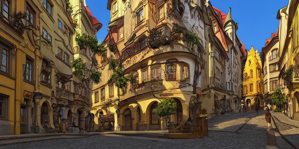 Image similar to art nouveau prague old town, pixar style, ghibli studio, anime style, 8 k hdr, octane render, unreal engine 5, trending on deviantart, natural lighting, path traced, highly detailed, high quality, godrays, complementary colors, beautiful landscape, cartoon, high coherence, soft lighting, soft colors, digital art, digital painting, matte