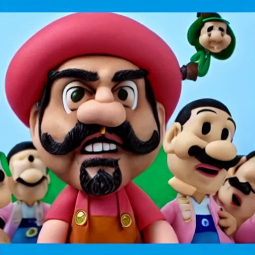 Image similar to beautifully rendered, masterpiece, caricature, claymation, luis guzman as luigi making absurd silly looking faces