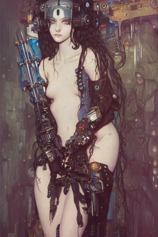 Image similar to portrait of beautiful young gothic maiden, cyberpunk, Warhammer, highly detailed, artstation, illustration, art by Gustav Klimt and Range Murata