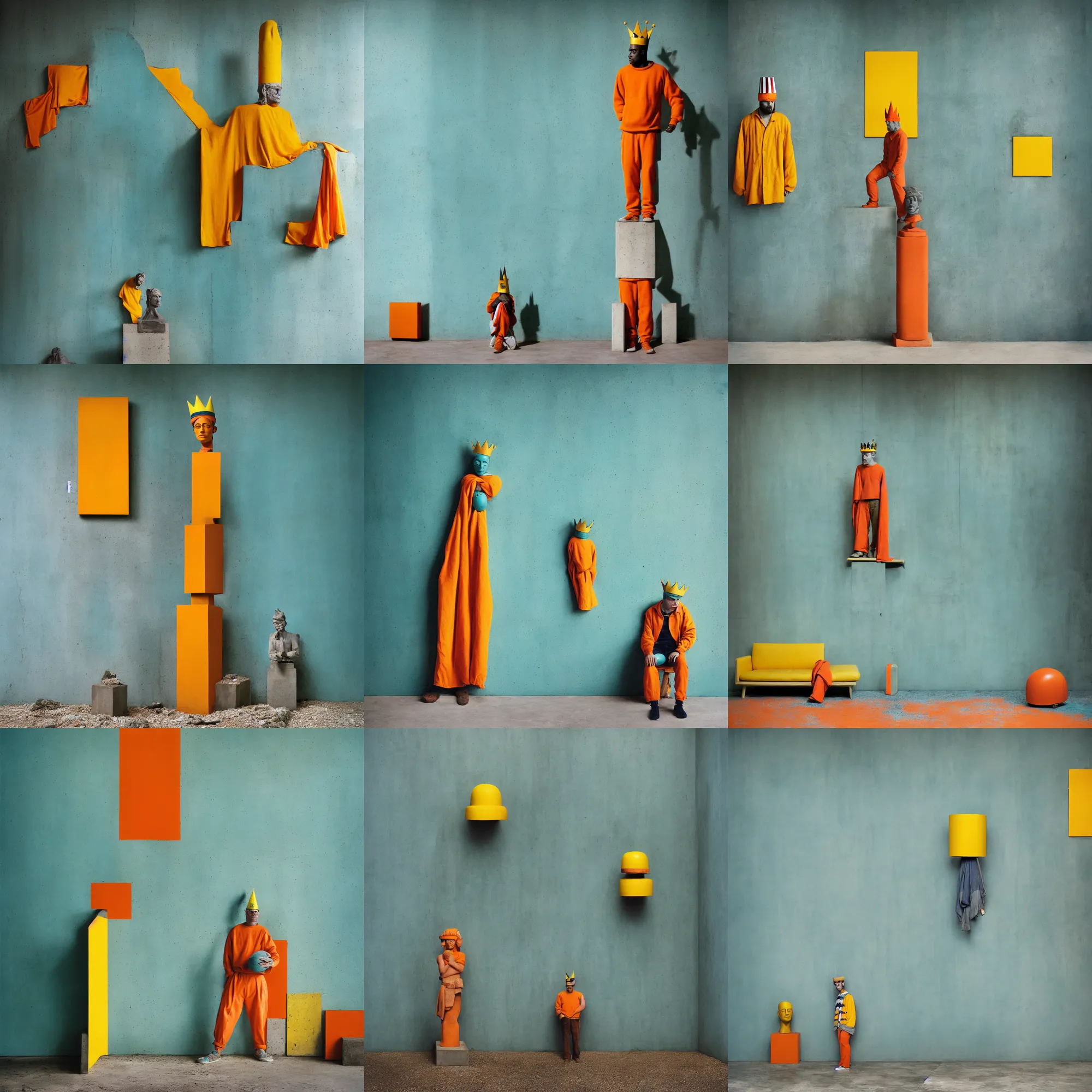 Image similar to kodak portra 4 0 0, 8 k, shot of a highly detailed, britt marling style, colour still - life portrait of a large minimalistic room, rough concrete walls, a single rough carved wooden teal and orange striped coloured statue is standing on a concrete podest with a yellow crown on his head, muted colours