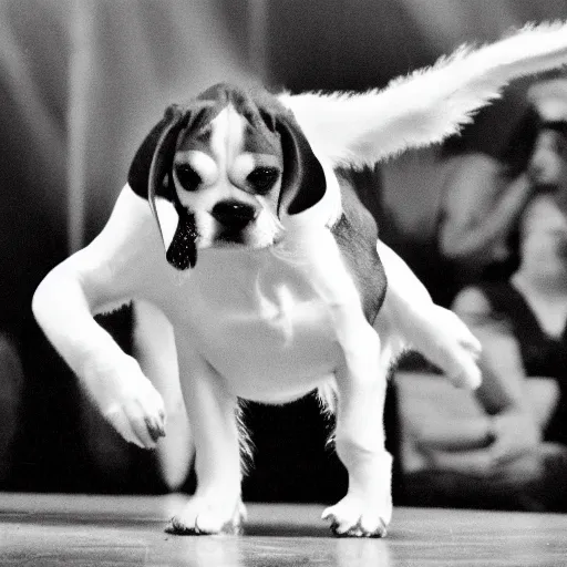 Image similar to a beagle dancing on its hind legs on stage in front of an audience