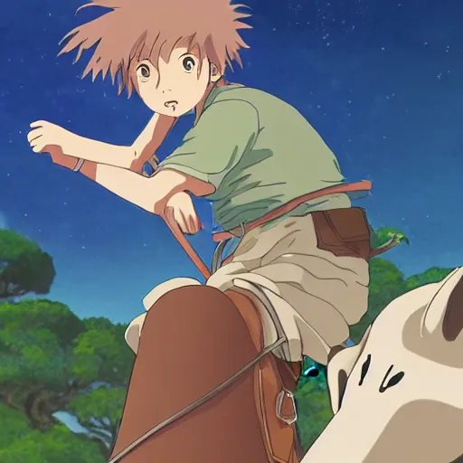 Prompt: friendly guy riding animal , with Fragile looking character portrait face made in Studio Ghibli artstyle ,highly detailed art, beautiful scene, sharp focus, smooth, 8k, anime art, fantasy, style in ghibli anime style, fantasy, island,8k