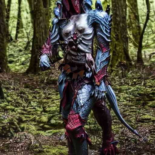 Image similar to High fantasy Yautja in dragon inspired armor in the forests plains of north yorkshire, Predator creature, alien hunter, 4k, Dragon skull biomask,