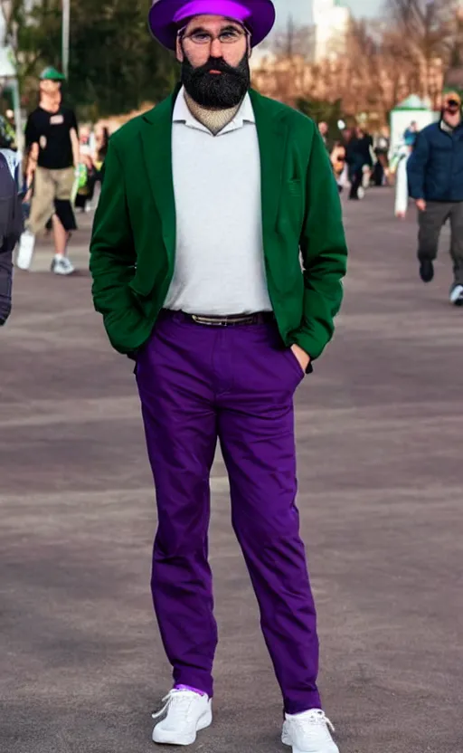 Image similar to a man of caucasian appearance with a chin - style dark brown beard without mustache in a full black hat, green jacket, purple pants and white sneakers in full height, perfect face