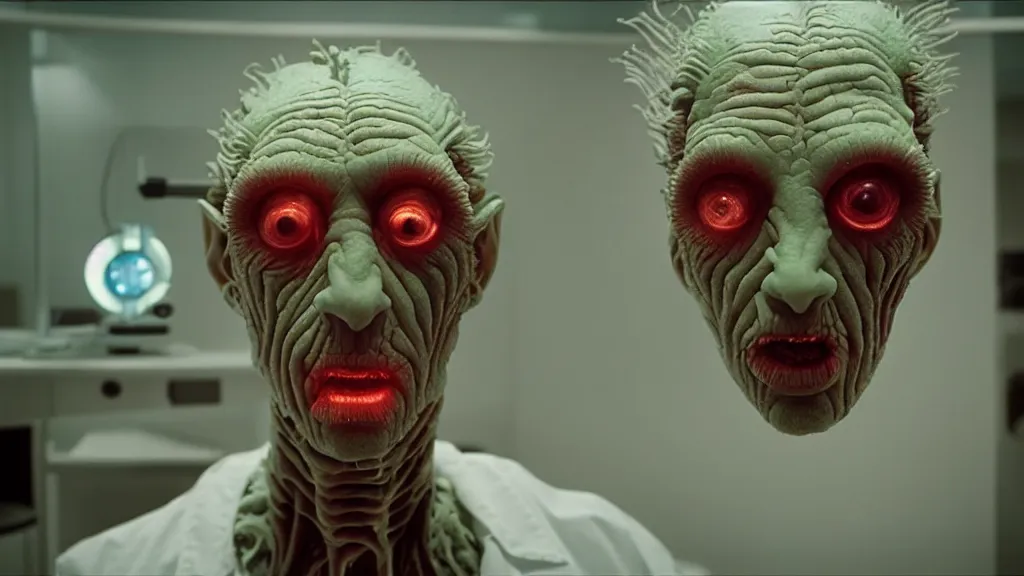 Image similar to the creature at the doctor's office, made of glowing wax and ceramic, they look me in the eye, film still from the movie directed by denis villeneuve and david cronenberg with art direction by salvador dali, wide lens