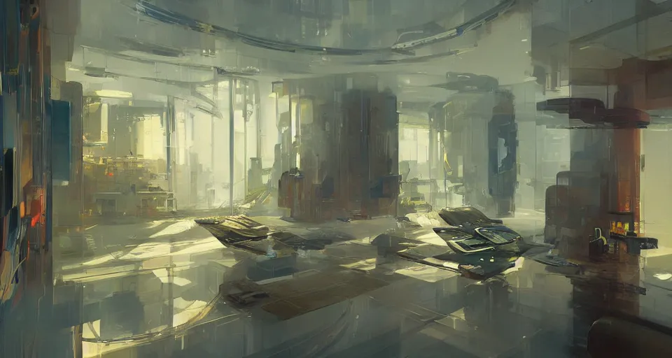 Image similar to futuristic apartment interior, intricate, elegant, vivid colors, highly detailed, john park, craig mullins, sparth, ruan jia, jeffrey catherine jones