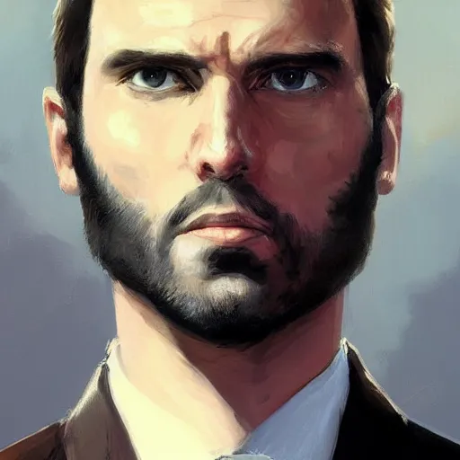 Prompt: Portrait of a man by Greg Rutkowski, he is about 40 years old, mixture between russian and irish, coiffed brown hair, attractive, bright purple eyes, extremely pale white skin, smart looking, he is wearing a black futuristic lawyer outfit, highly detailed portrait, scifi, digital painting, artstation, concept art, smooth, sharp foccus ilustration, Artstation HQ