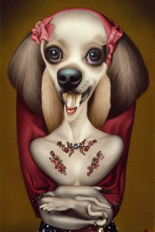 Image similar to a cute dog who look like cameron diaz painted by mark ryden, by dali, digital art