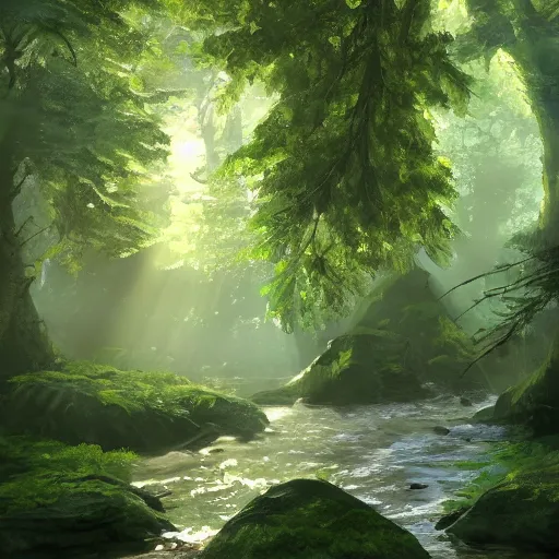 Prompt: a winding river through a dense forest, sunlight filtering through the leaves, trending on artstation