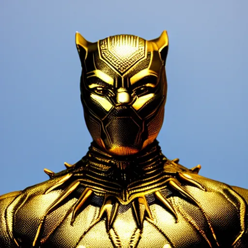 Image similar to a close up photo of a detailed golden statue of Black Panther, 8K,