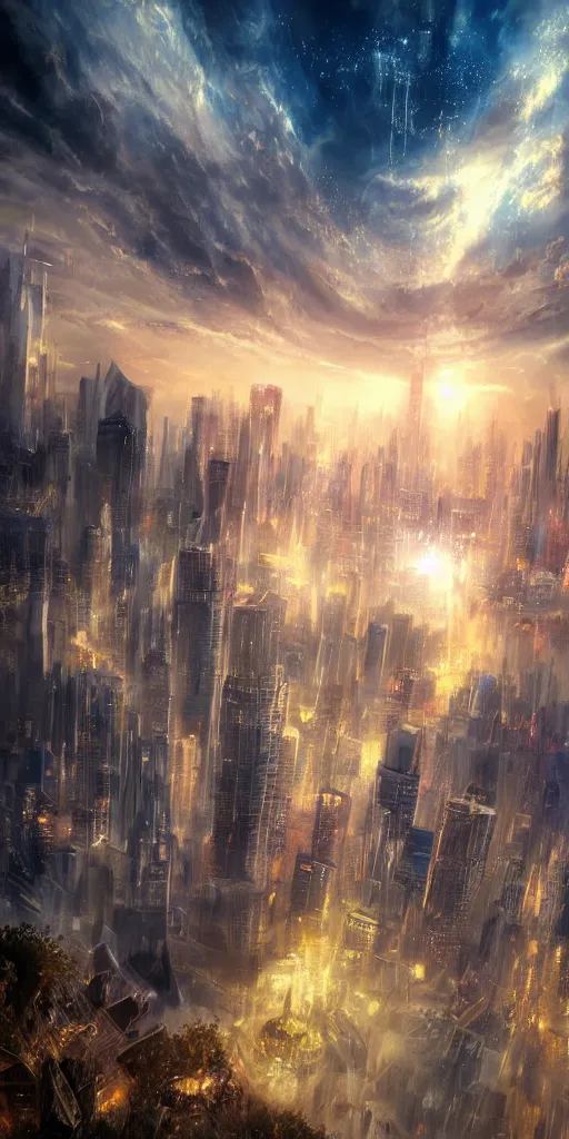 Prompt: dreamlike cityscape atmospheric, highly realistic heavenly futuristic