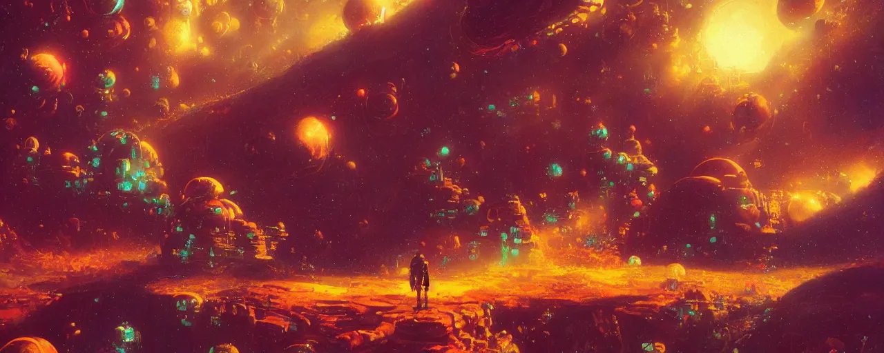 Prompt: ” gravity well to another planet, [ art by paul lehr, cinematic, detailed, epic, widescreen, opening, establishing, mattepainting, photorealistic, realistic textures, octane render ] ”